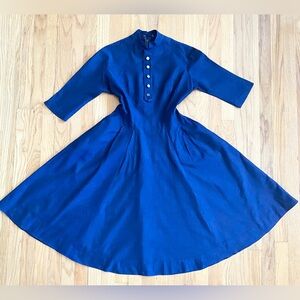 Vintage 60s DEEDS Day Dress *Size 11* Navy Blur Circle-Skirted Cotton Midi Dress